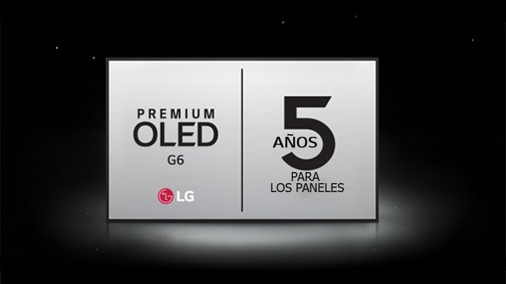 El logo de Garantía Limitada de Panel por 5 Años para el Premium OLED G6 se muestra sobre un fondo oscuro.